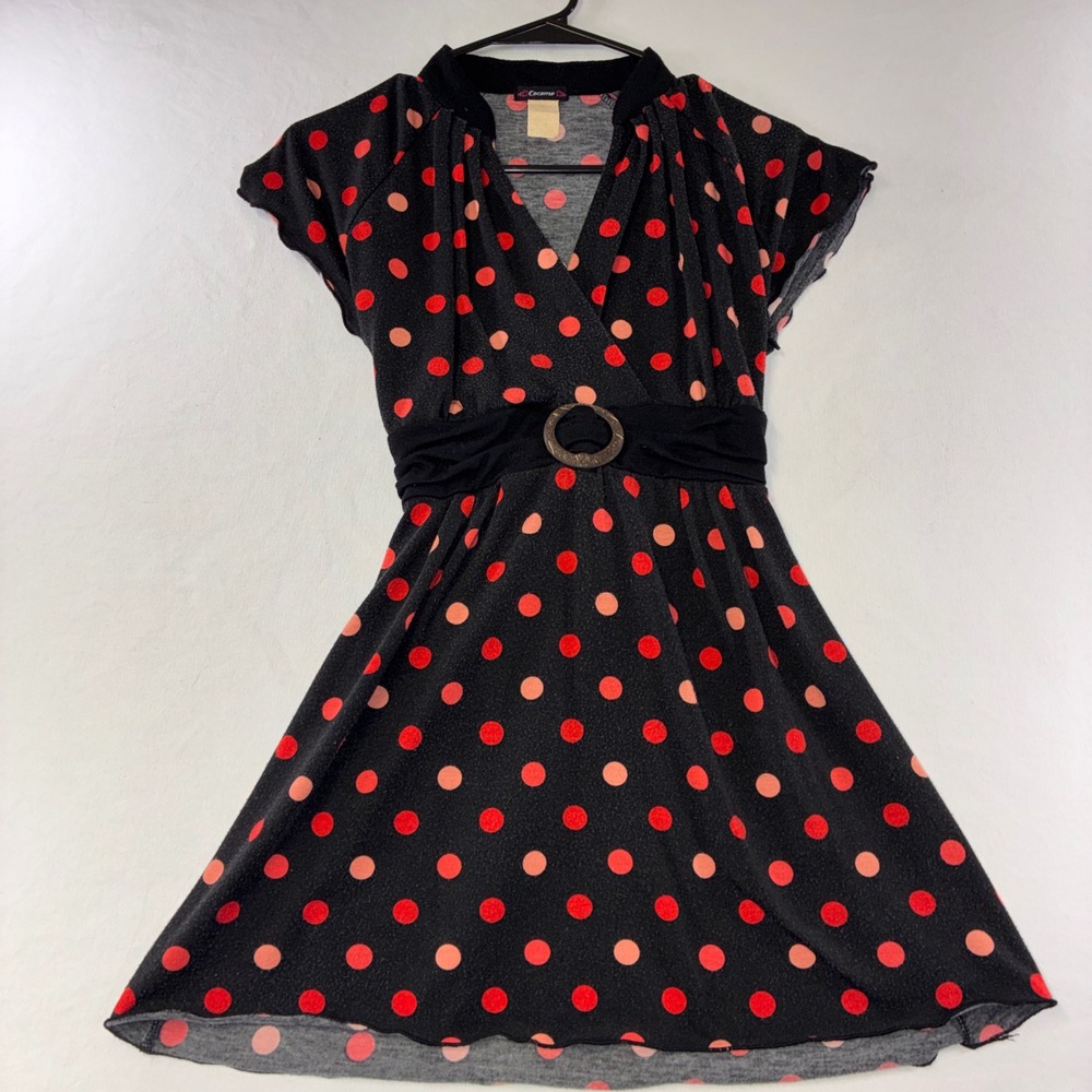 393 Cocomo Polka Dot Mini Dress Small Black Red Retro V-Neck Empire Waist